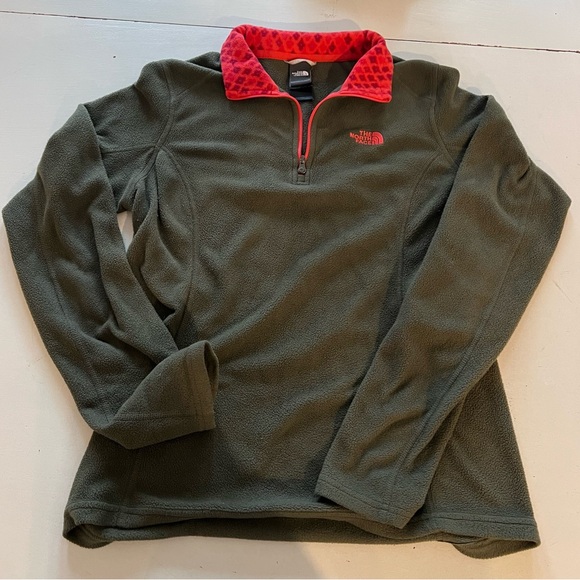 The North Face Tops - The North Face Olive Green Fleece Pullover with Red Accents